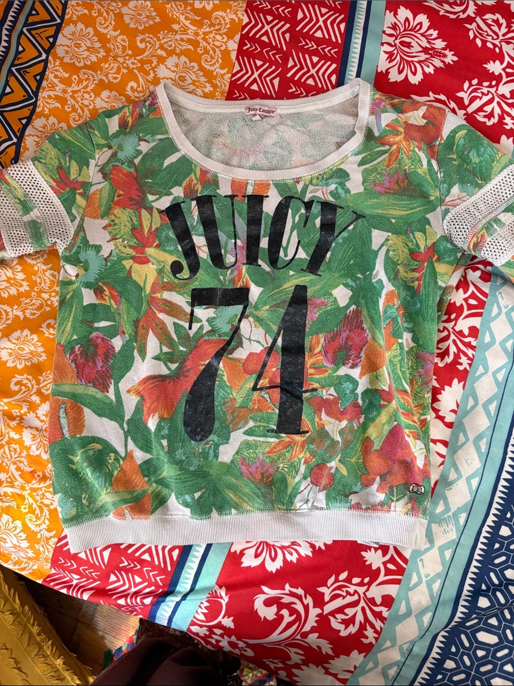 Juicy Couture Green Floral 'Juicy 74' Mesh Sleeve Tee